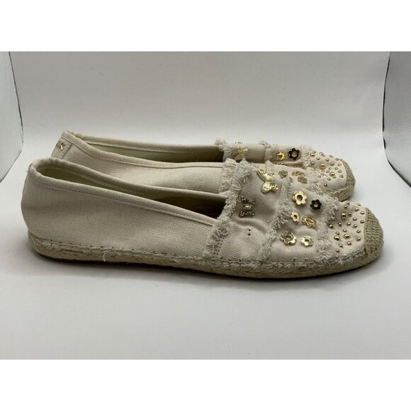 Michael Kors Tan Canvas Espadrilles Flats w/ Butterly & Floral Studs, Size 9.5 - Picture 5 of 9